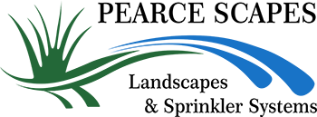 Logo for Pearce Scapes: text above with a grass graphic, two curving lines, and "Landscapes & Sprinkler Systems" below.