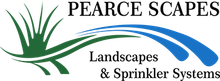 Logo for Pearce Scapes: text above with a grass graphic, two curving lines, and "Landscapes & Sprinkler Systems" below.