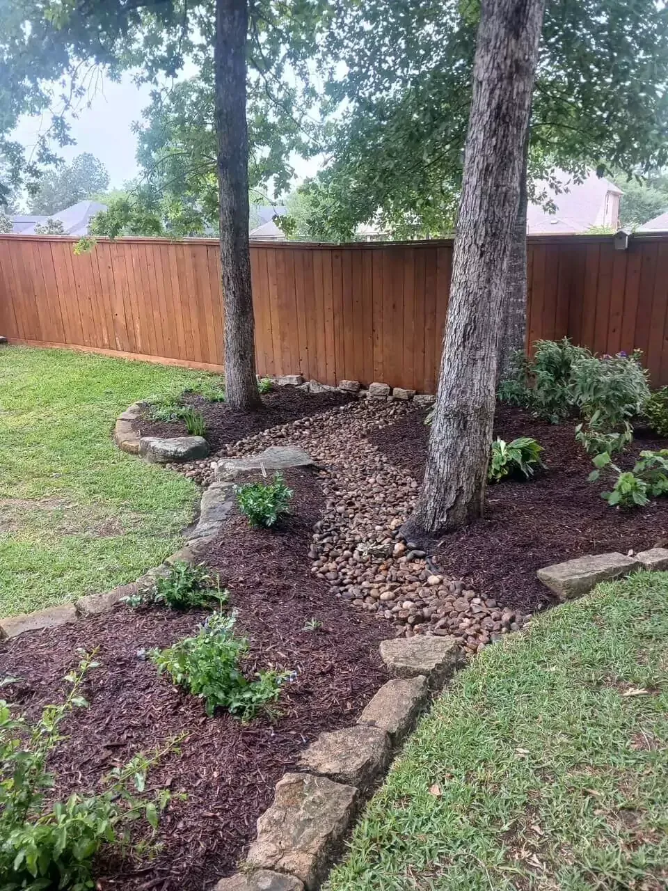 Backyard garden with trees, mulch, stepping stones, and a wooden fence.