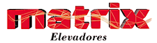 Palavra "matrix" na cor vermelha em 3D com design semelhante a vidro quebrado, acima da palavra serifada preta "Elevadores".
