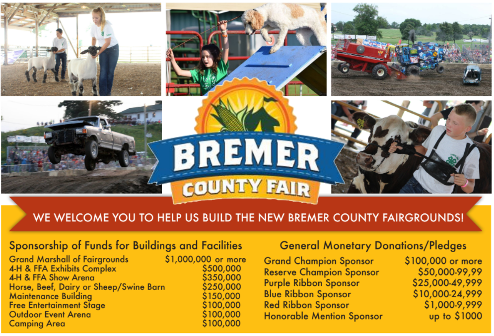 Bremer County Fair sponsorship flyer with farm scenes, fair logo, and donation levels for building new fairgrounds