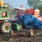Tractors stuck in muddy field during a tractor pull event, with red and blue vehicles side by side