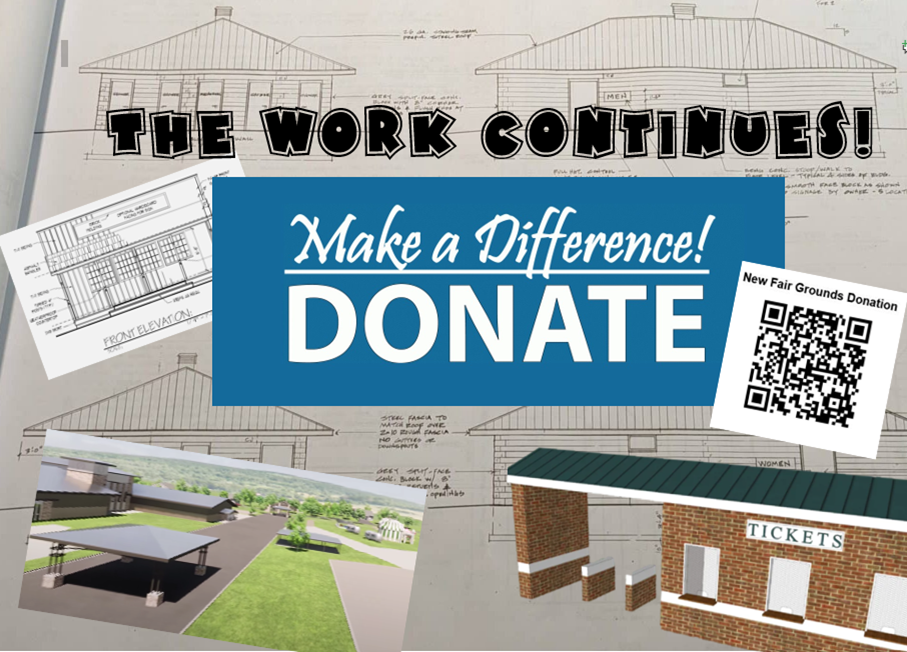 Construction fundraiser poster with “The Work Continues! Make a Difference! Donate” and a QR code