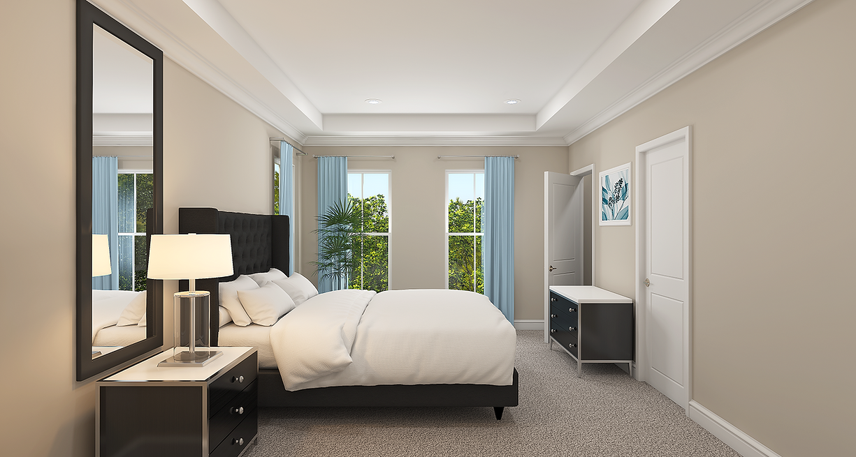 Bedroom with a bed, nightstands, dresser, mirror, and windows with blue curtains. Beige walls, white bedding.