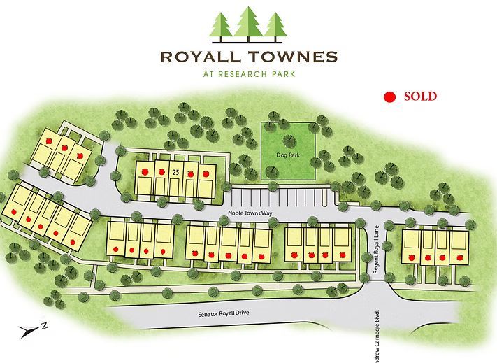Map of Royall Townes at Debroc Park, showing townhomes, sold units marked in red.