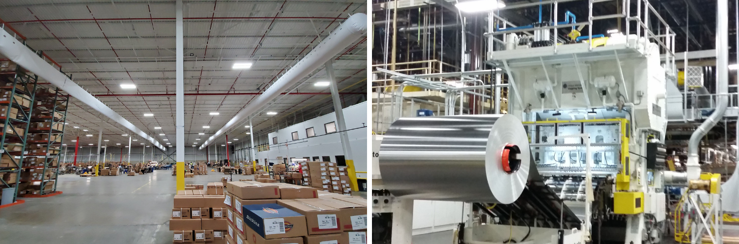 Large warehouse with rows of shelves and boxes, plus a close-up of industrial packaging machinery.