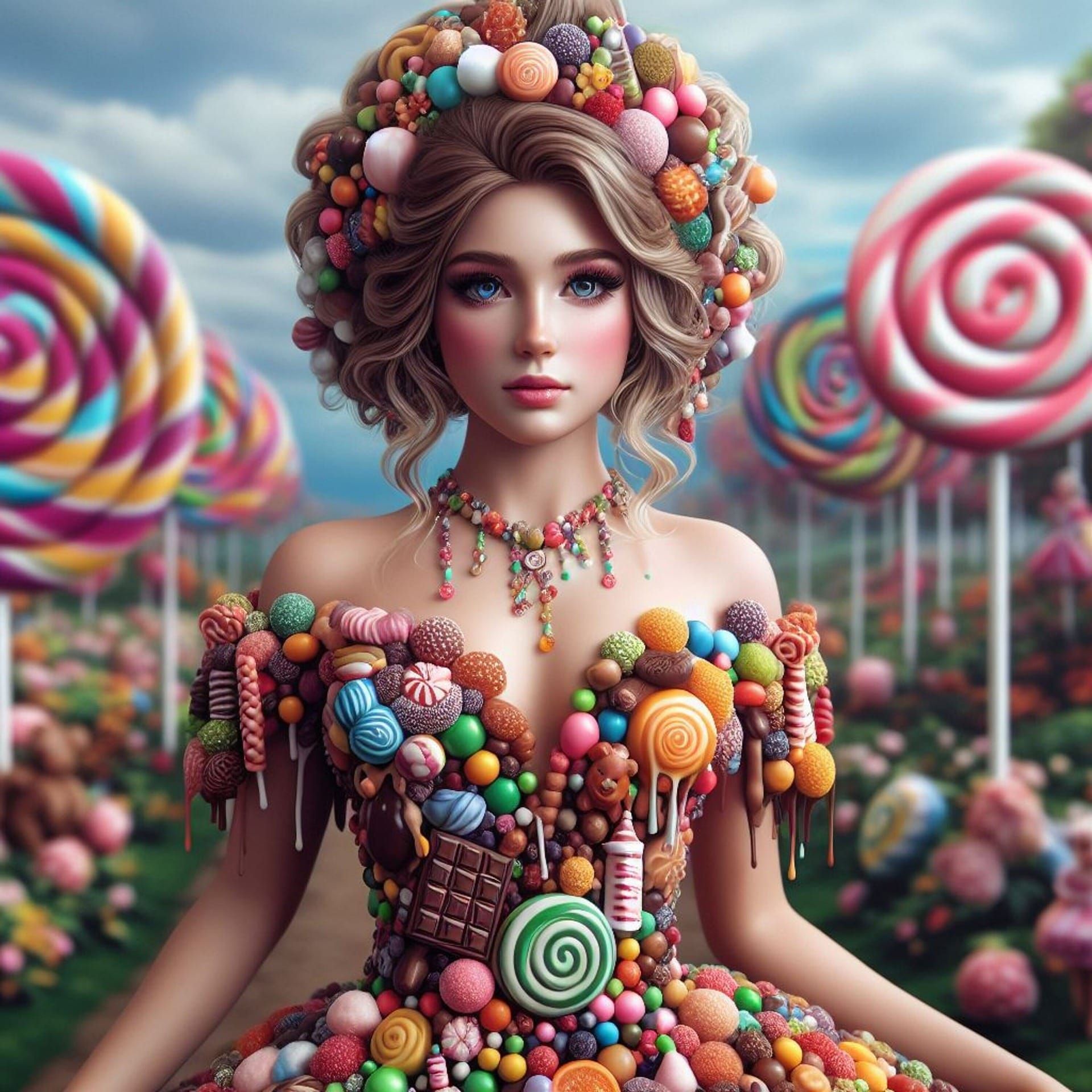 Une femme dans une robe faite de bonbons et de sucettes