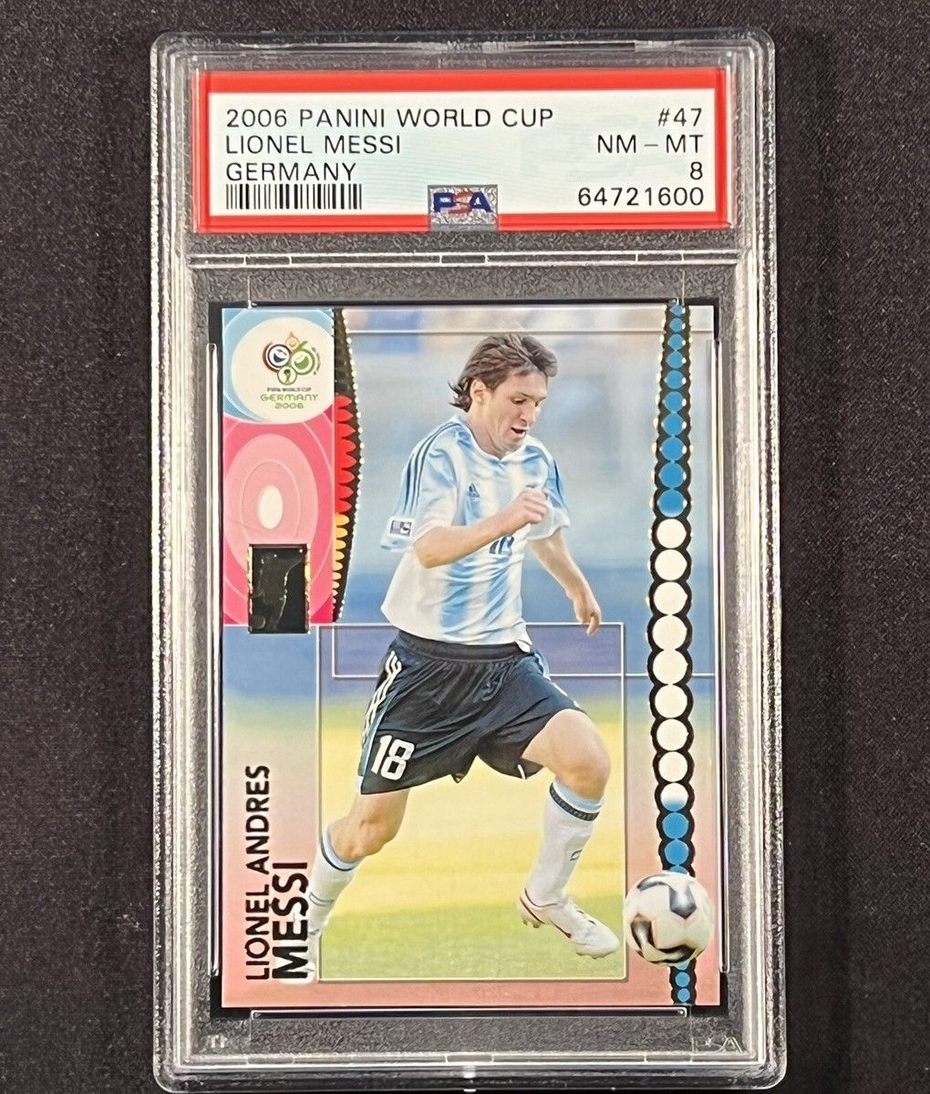 Lionel Messi soccer trading card in PSA slab, featuring him dribbling in an Argentina jersey