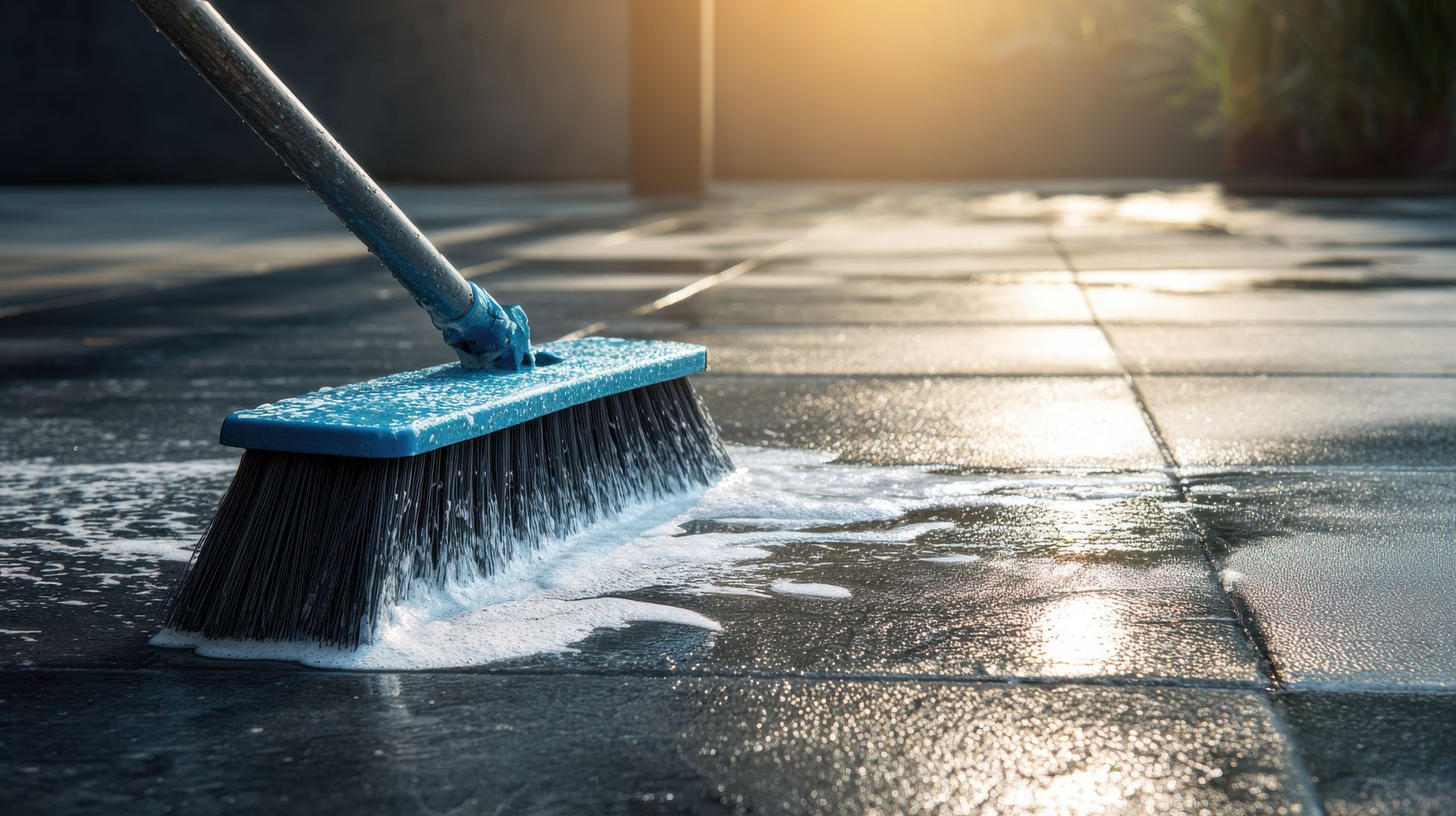 Blue scrub brush cleaning a wet, gray tiled surface with suds.