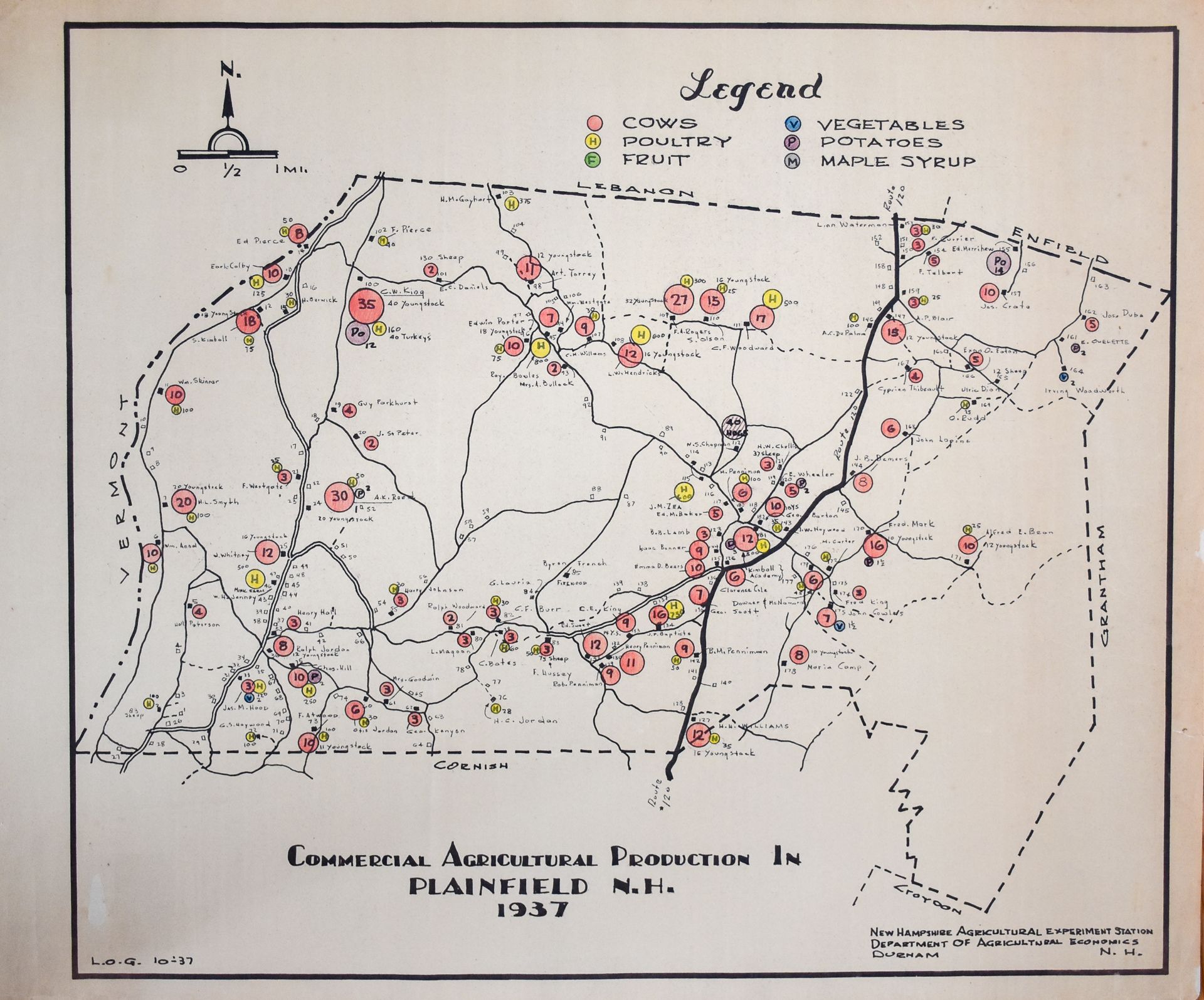 Map shows location and size of Plainfield's agriculture businesses in 1937.