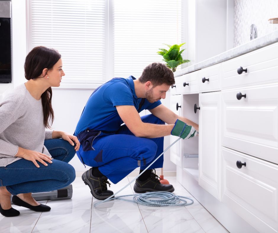 plumbing cleaning drain while client watches