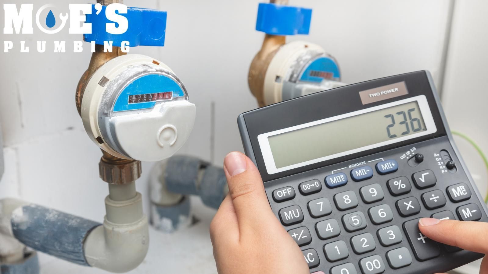 Homeowner in Texarkana with a calculator next to a water meter.