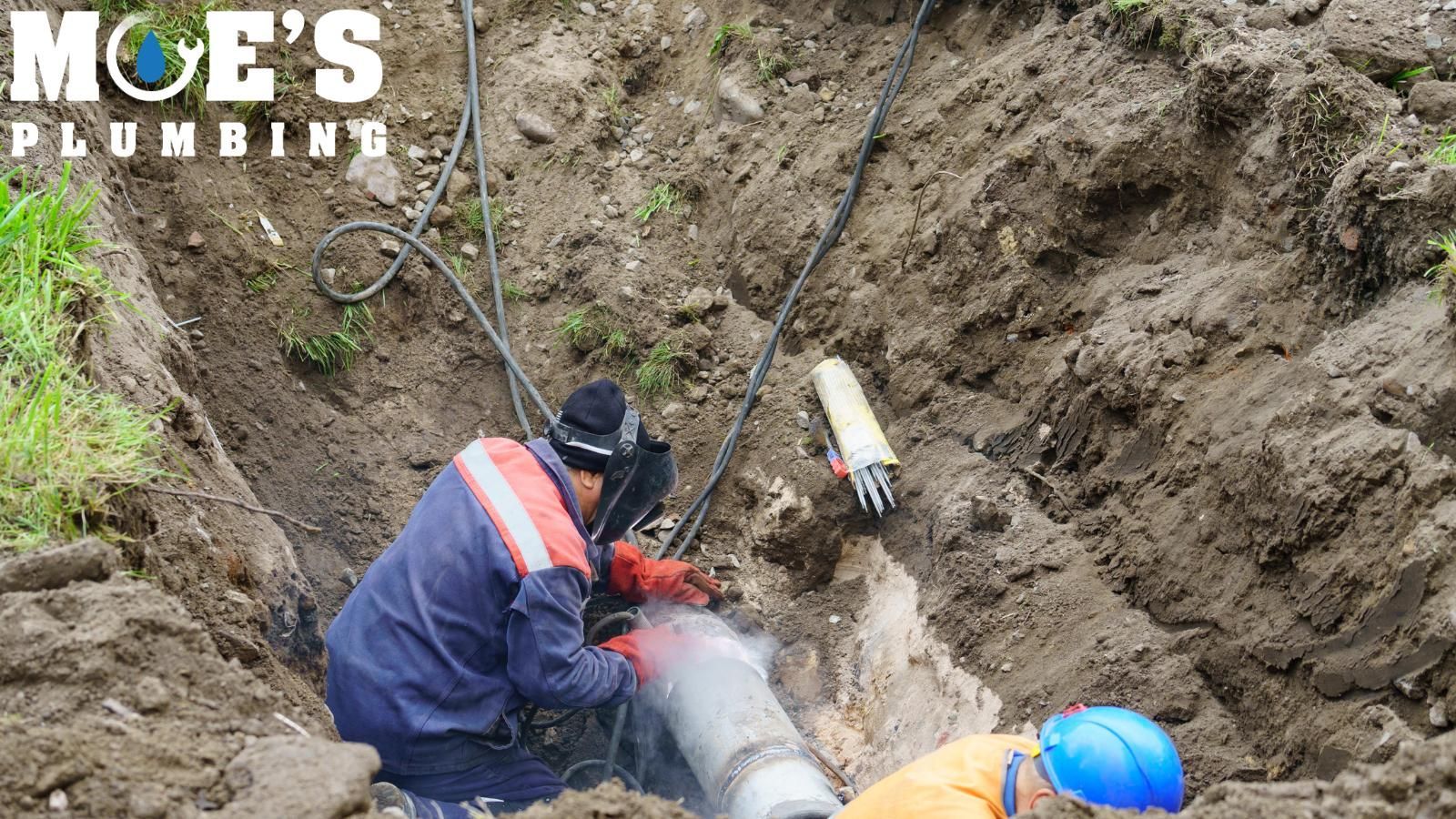 Moe's plumbers in backyard fixing a leaking pipe.