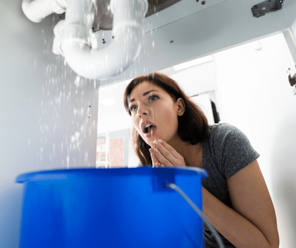 woman gasping as pipes leak under sink