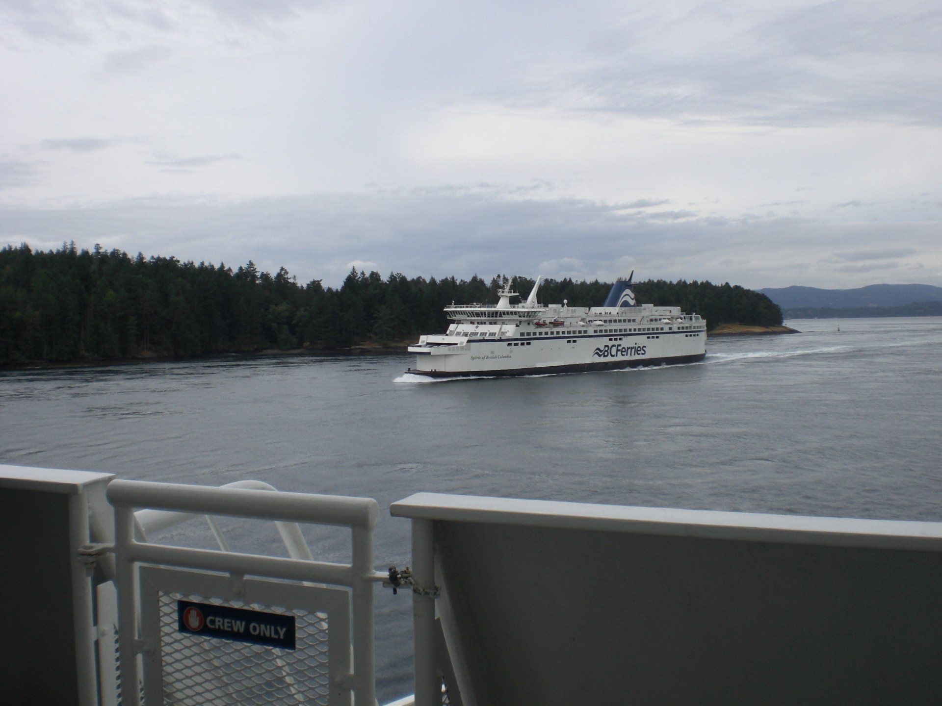 Ferry in a waterway near forested island, under cloudy sky. White ferry with blue accents sails past.