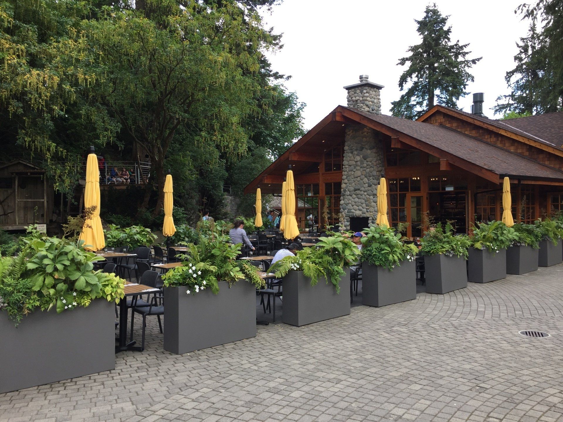 Outdoor restaurant seating with yellow umbrellas and grey planters, stone building in background.