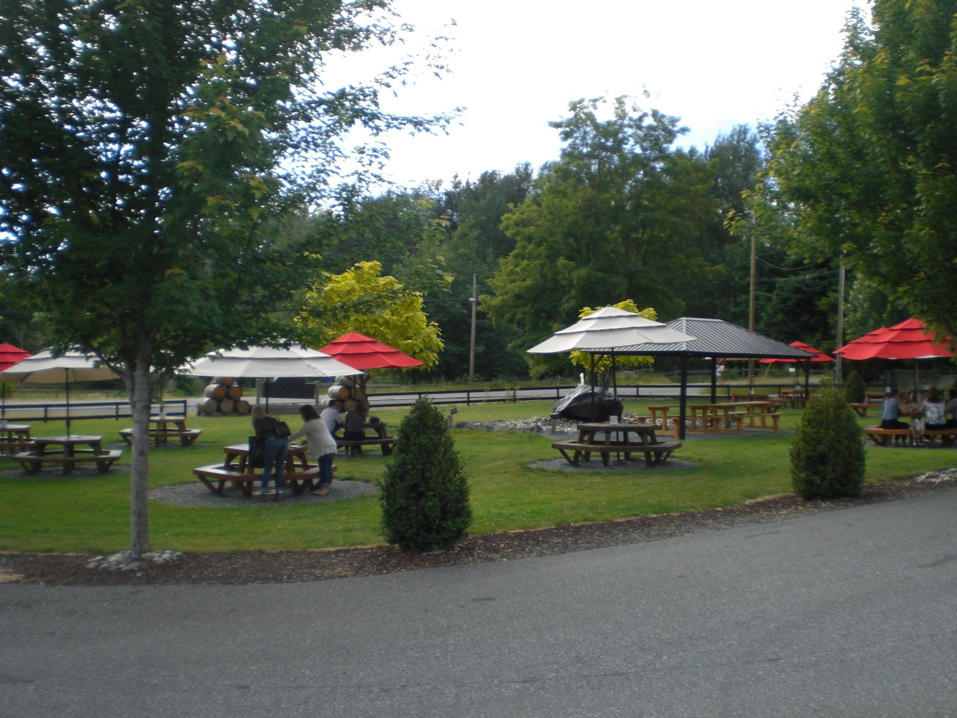 Picnic area with red and beige umbrellas, picnic tables, and people; trees in background.