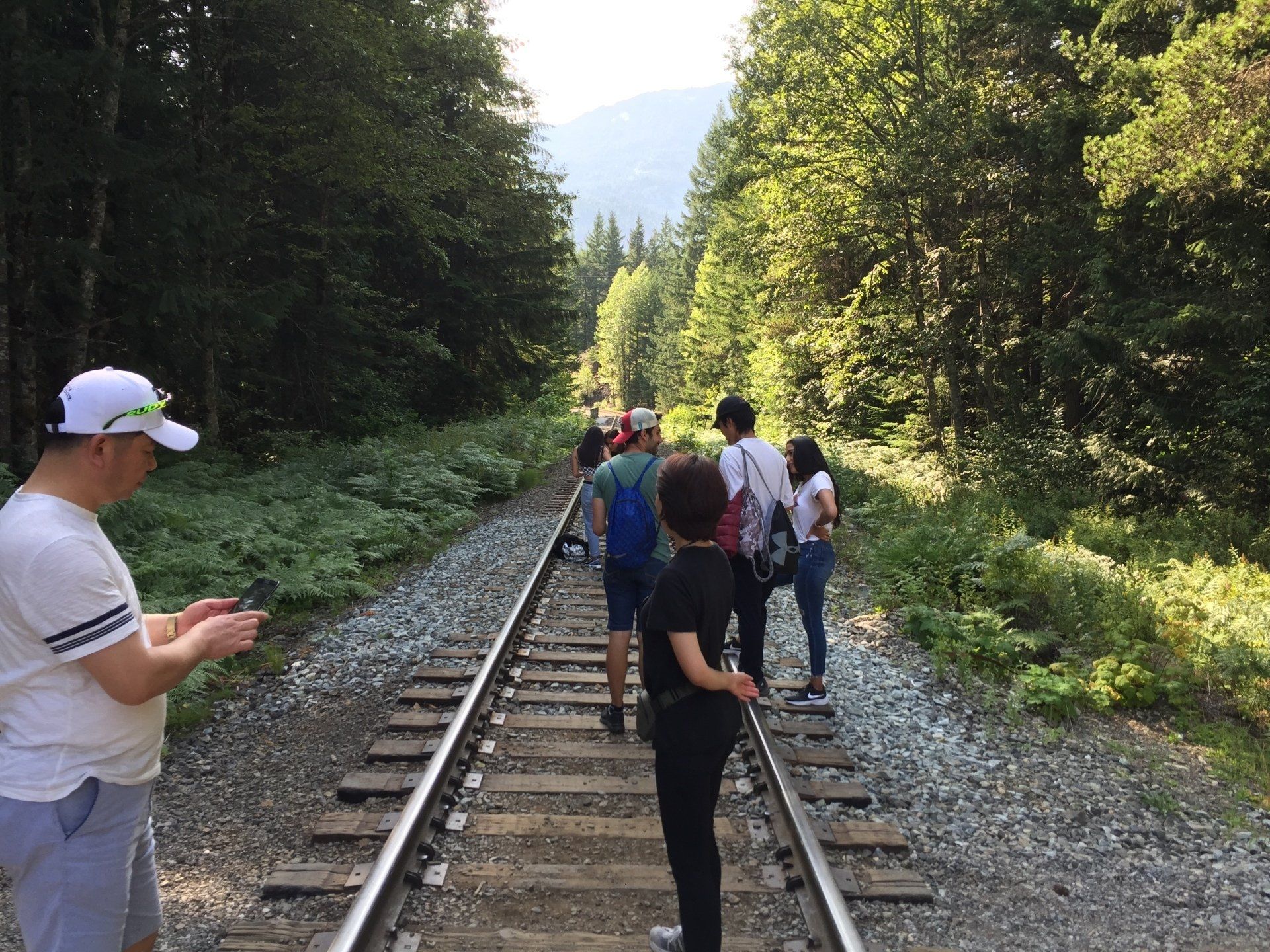 People walking on a train track through a forest, with a mountain in the distance.