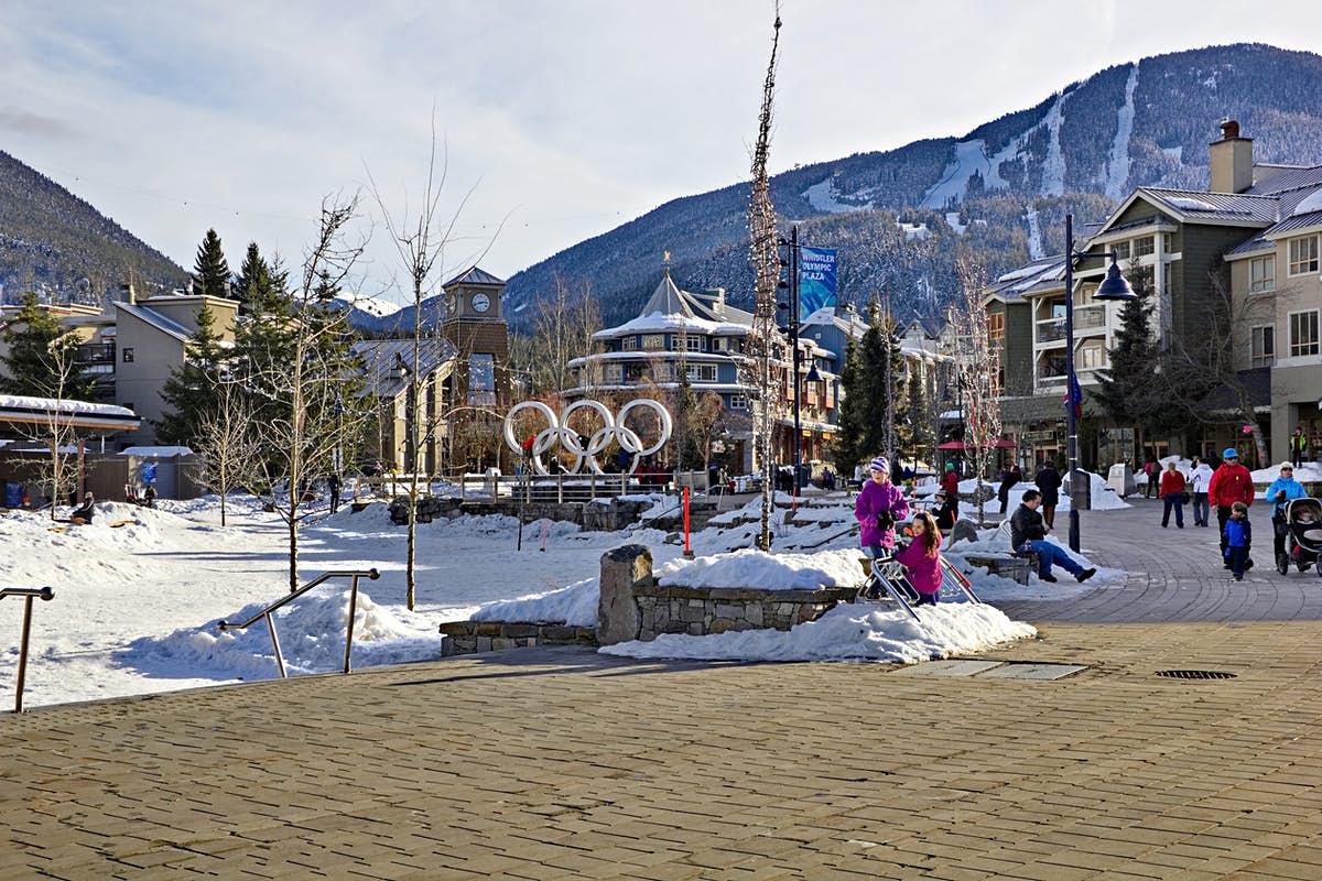 Snowy Whistler Village with Olympic rings, people walking, buildings, and mountains.