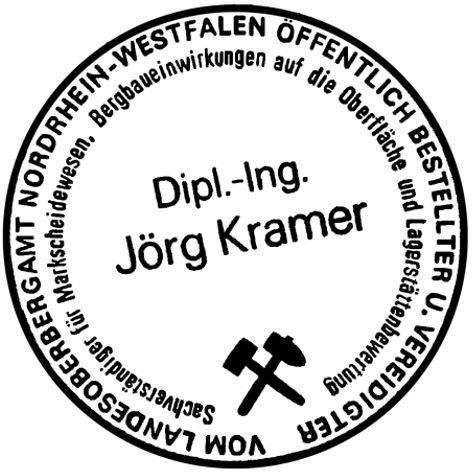 Stempel v. J. Kramer, Sachverständiger f. Vermessung u. Beurt. d. Auswirkungen d. Bergbaus auf d. Oberfl. u. Lagerstätten