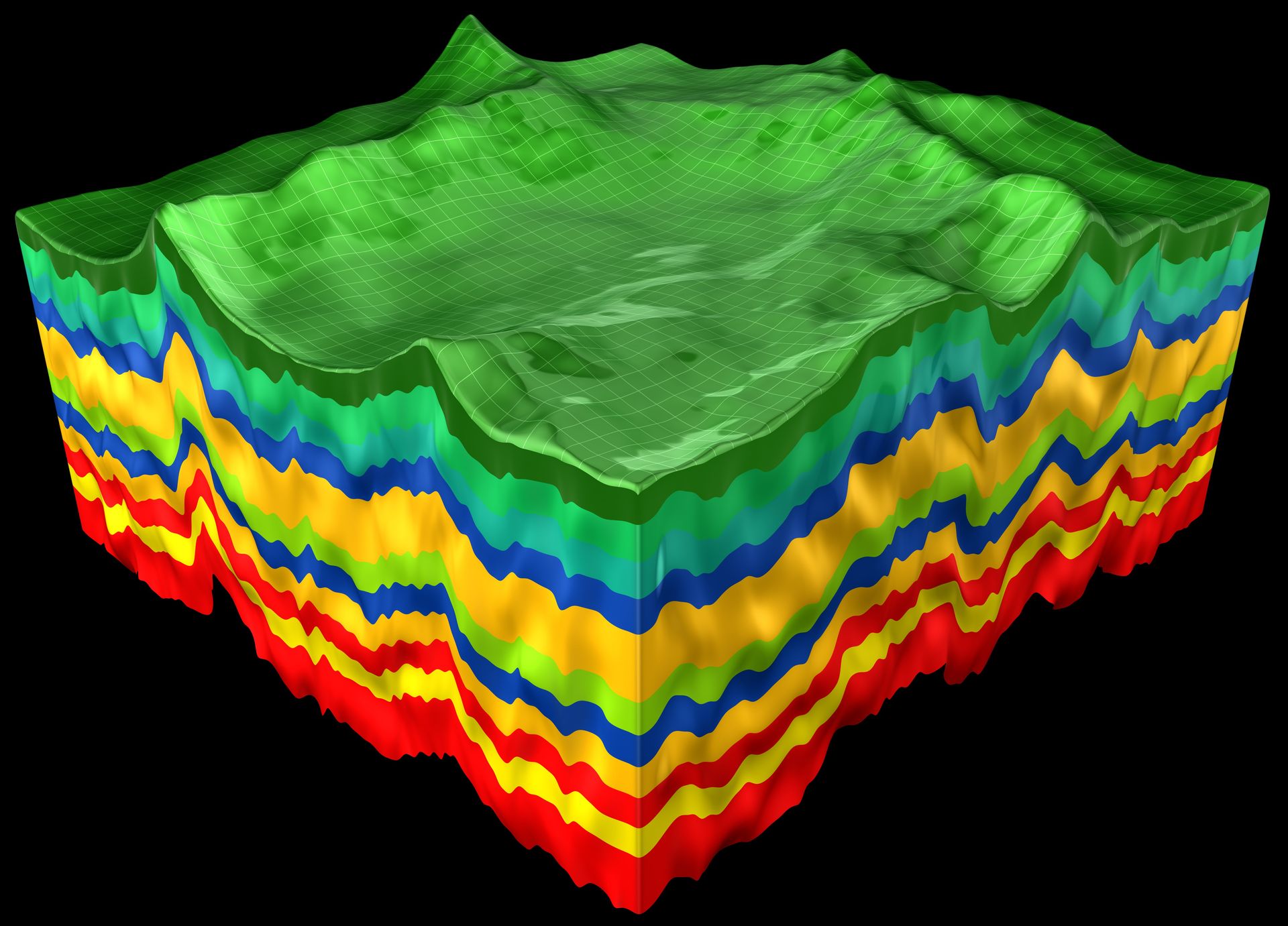 Querschnitt der Erde, der geschichtete geologische Formationen in Rot, Gelb, Blau und Grün zeigt.