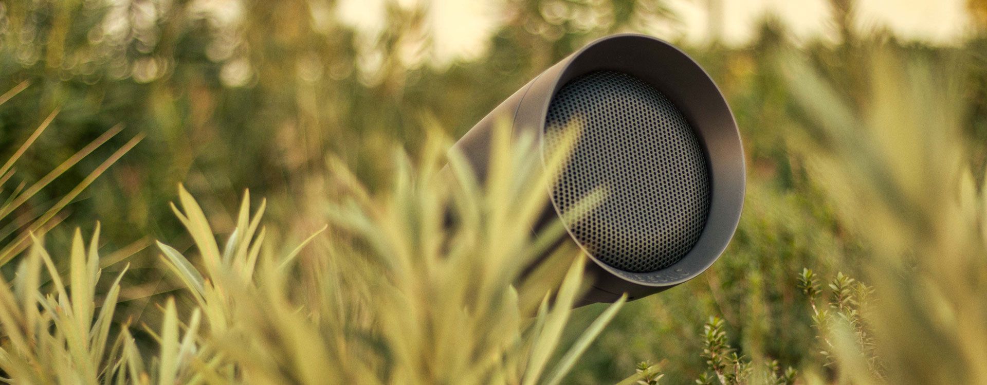 A speaker is sitting in the middle of a field of tall grass.