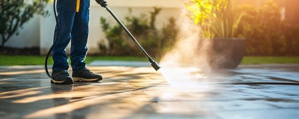 Person power washing a patio, water spraying, sunlight in the background.