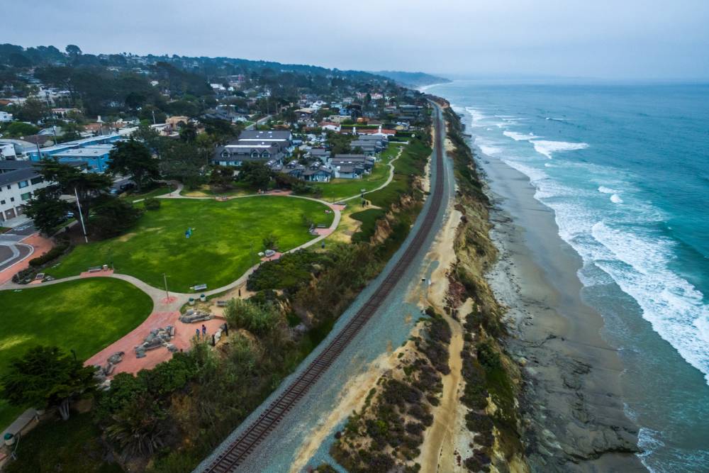 Aerial view of Powerhouse Park and beach near Pacific Installers in Del Mar, California (CA)