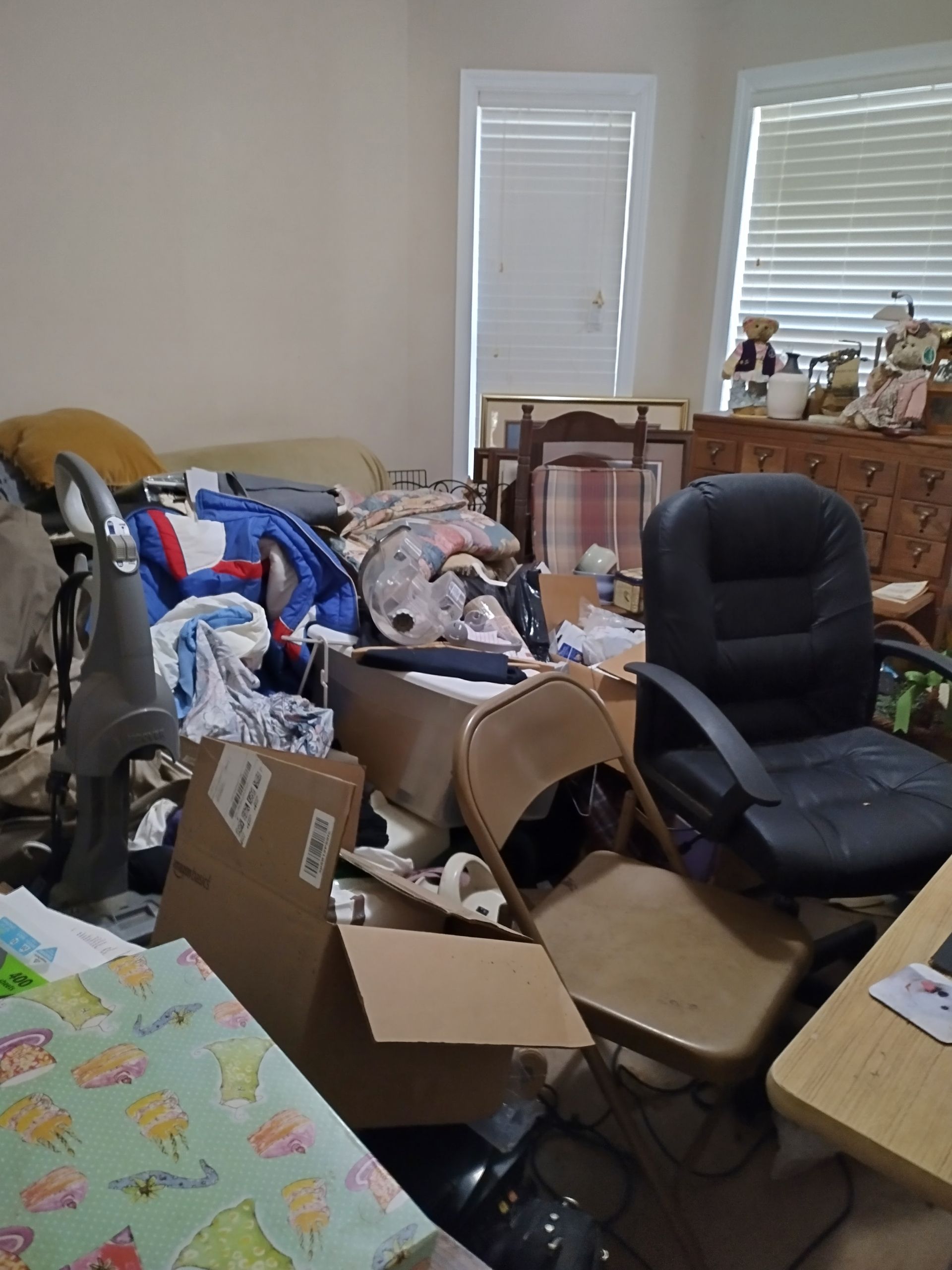 A room with a lot of furniture and boxes on the floor.