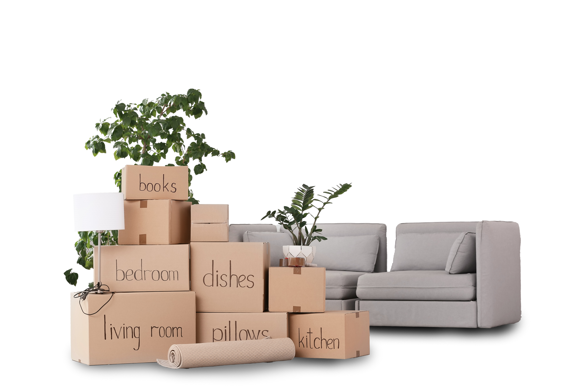 a stack of cardboard boxes labeled bedroom dishes living room pillows and kitchen