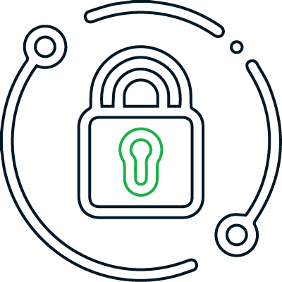 A line drawing of a padlock with a key in a circle.