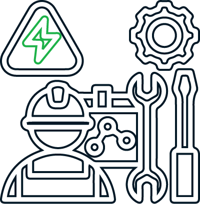 A line drawing of a man with a hard hat and tools.