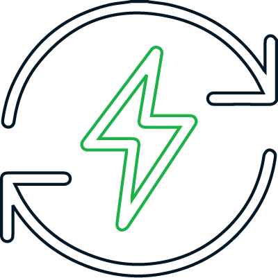 A green lightning bolt is surrounded by two arrows in a circle.