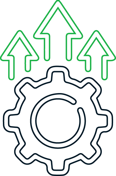 A gear with three arrows pointing up above it.