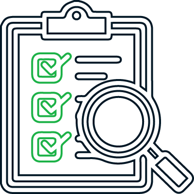 A clipboard with check marks and a magnifying glass.