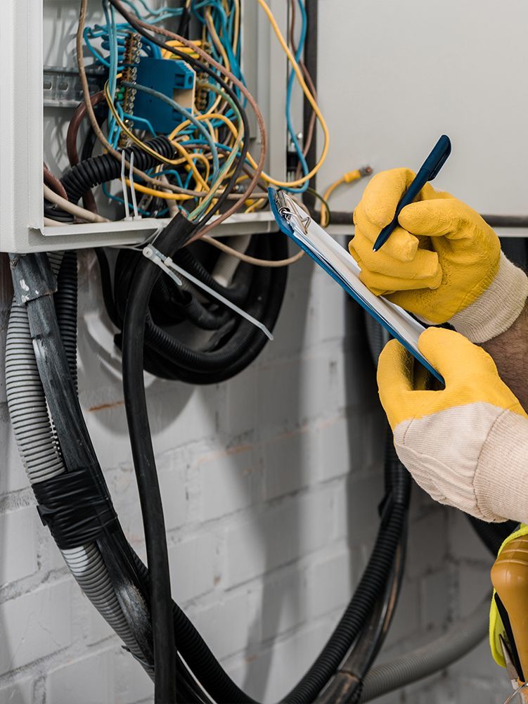 An electrician is writing on a clipboard while working on an electrical box.