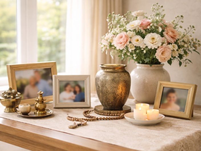 home interior with a beautifully arranged remembrance display featuring framed photos in Barrington
