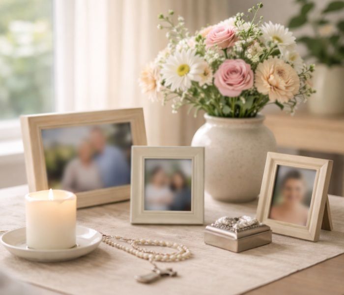 memory table arranged with framed photographs in Lake Zurich