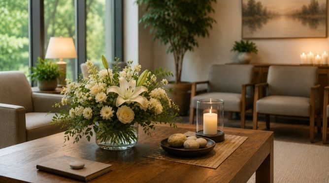 floral arrangements, and comfortable seating, reflecting the caring atmosphere of cremation services in Lake Zurich, IL