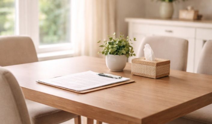 bright welcoming consultation room with comfortable chairs around a wooden table in Barrington