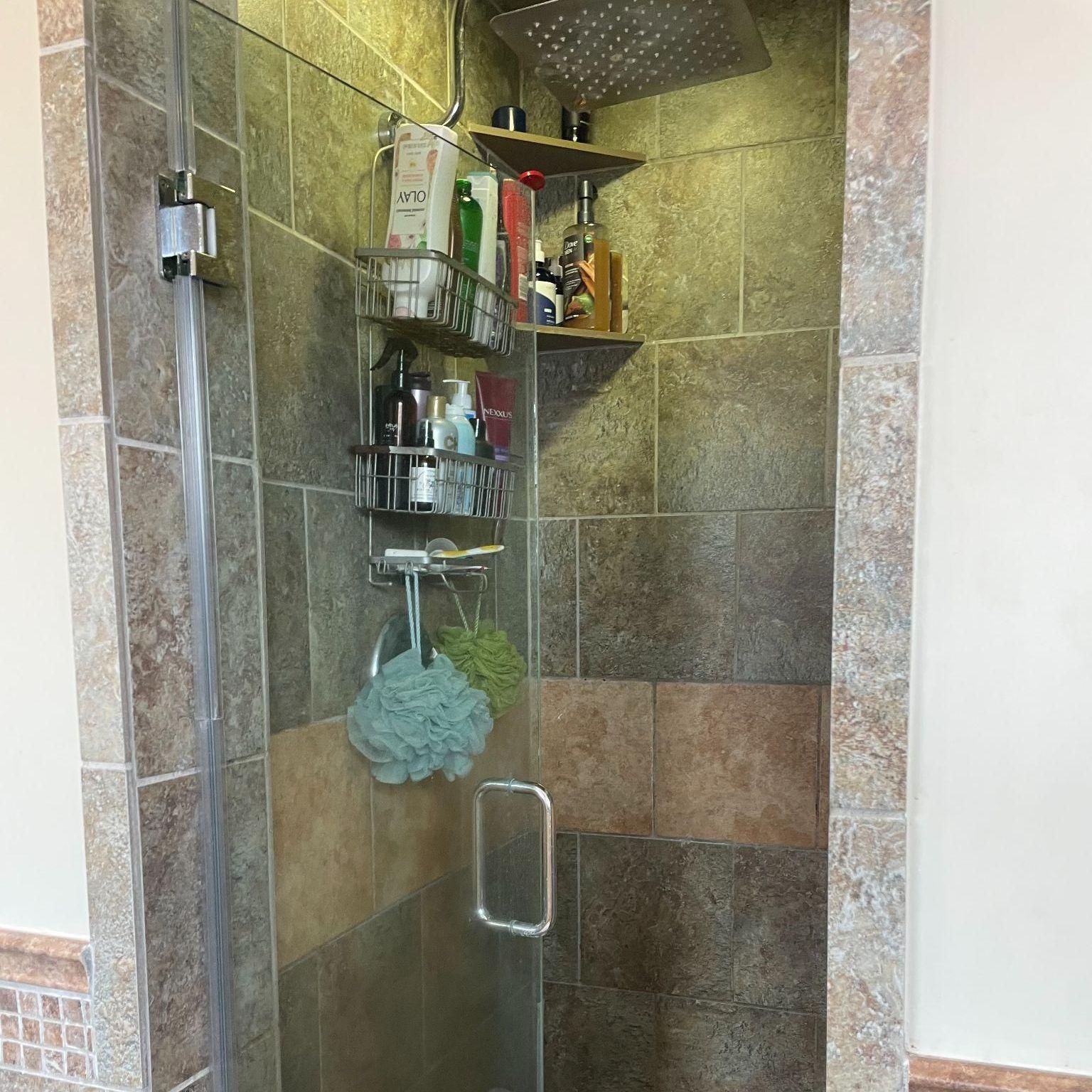 A shower with a glass door and a shelf with bottles on it