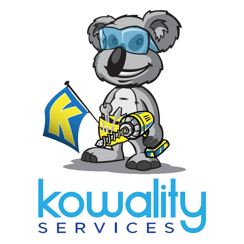 The kowality services logo has a cartoon koala wearing sunglasses and holding a surfboard.