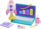 3D illustration of a rocket launching near a laptop with a growth chart, notepad, and coffee cup.