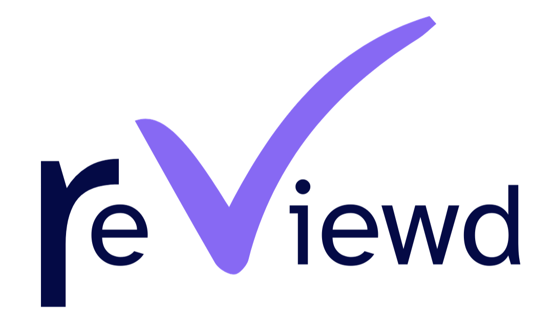 A logo for review with a purple check mark