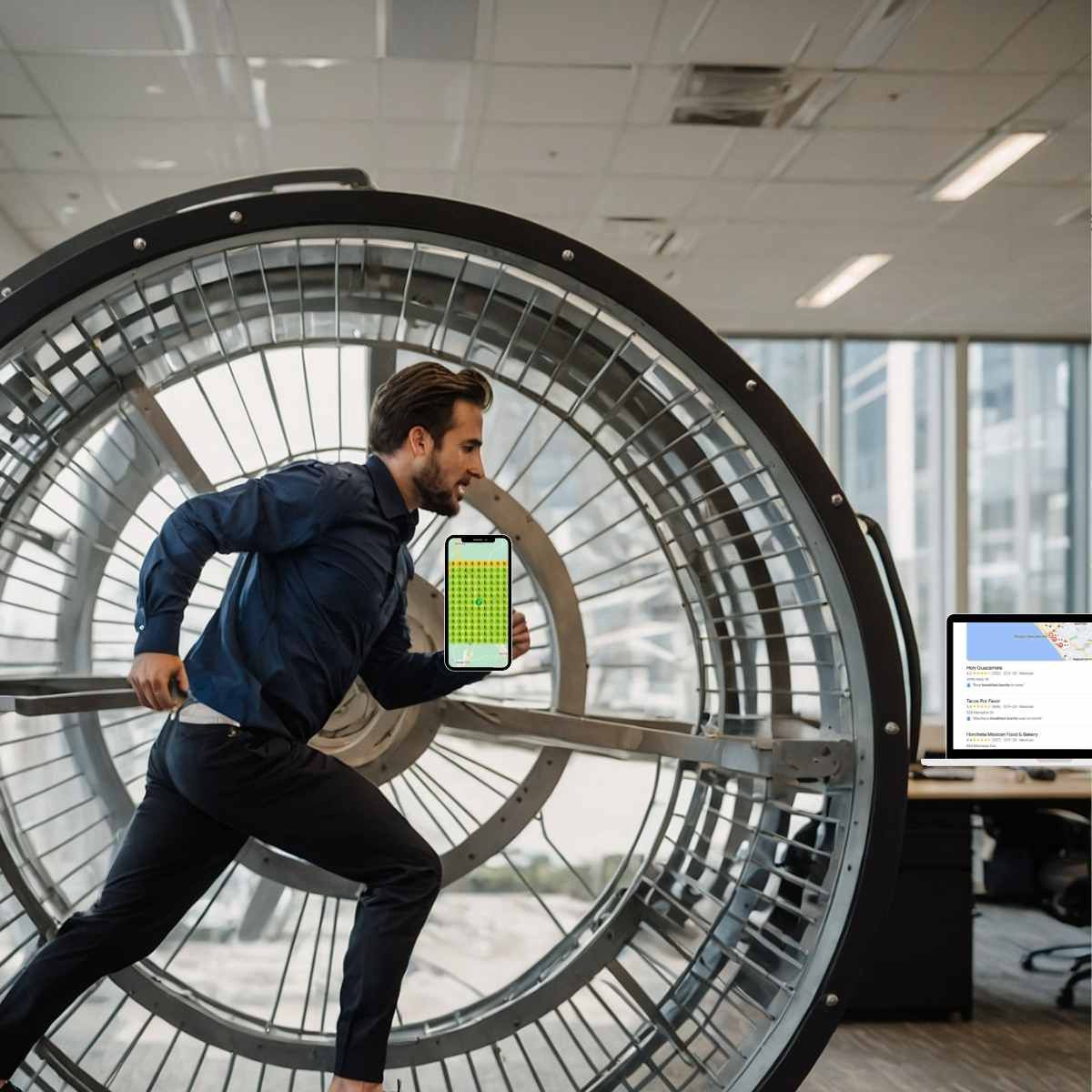 A man is running in a hamster wheel while holding a cell phone.