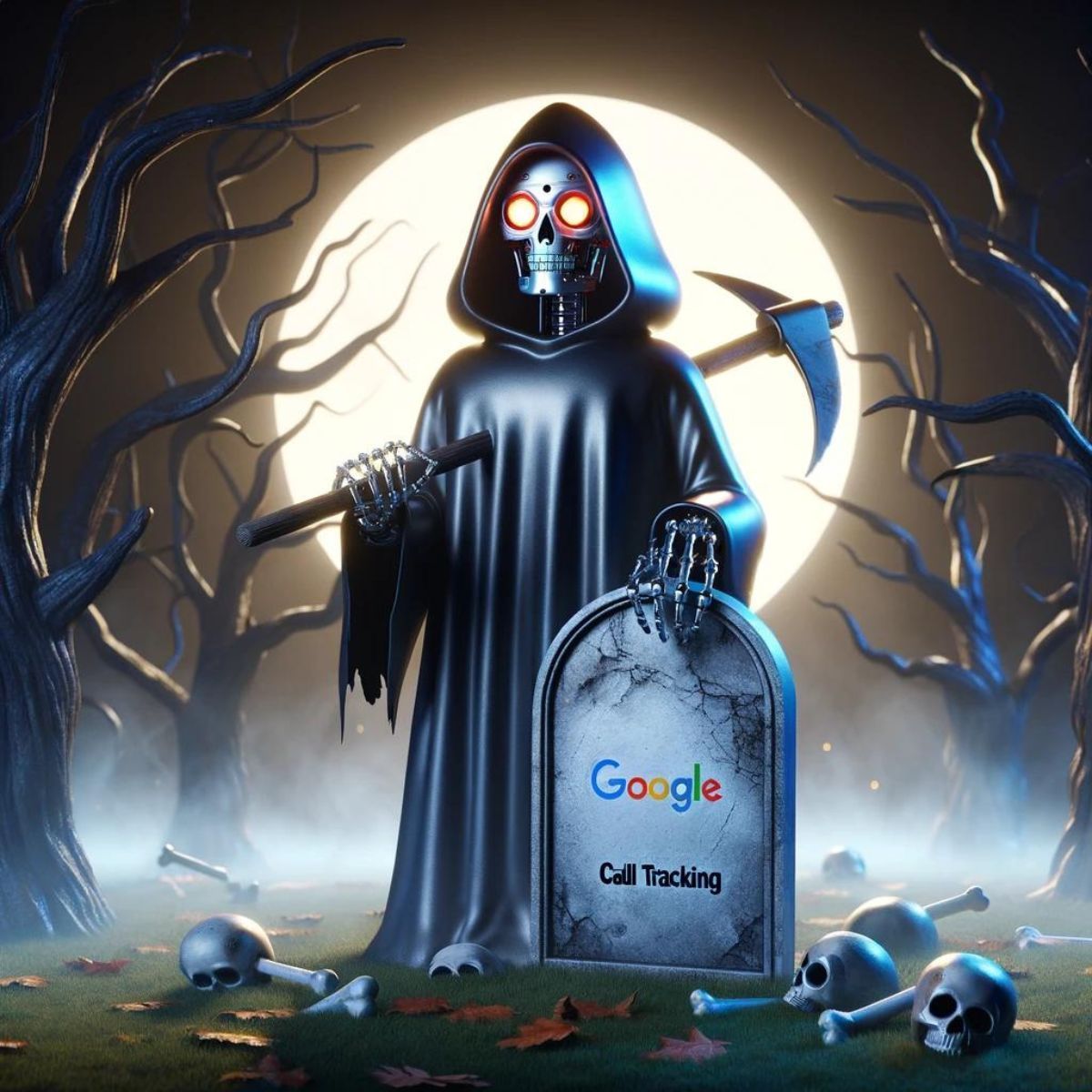 A grim reaper is standing next to a google call tracking grave