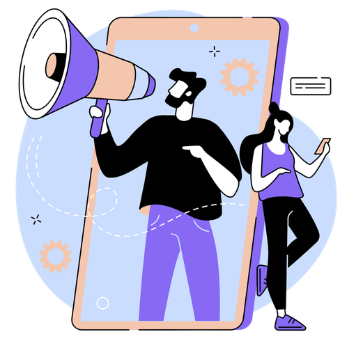 A man is holding a megaphone in front of a cell phone.