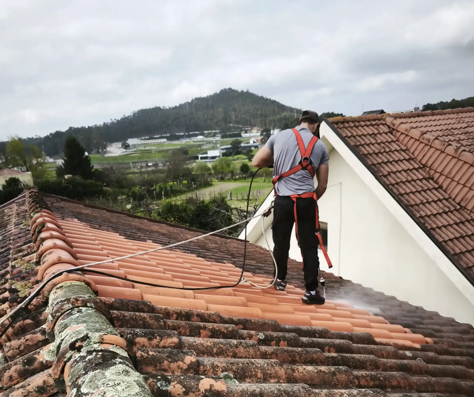 Remoção de musgo e líquenes em telhados no Porto com sistema de segurança.