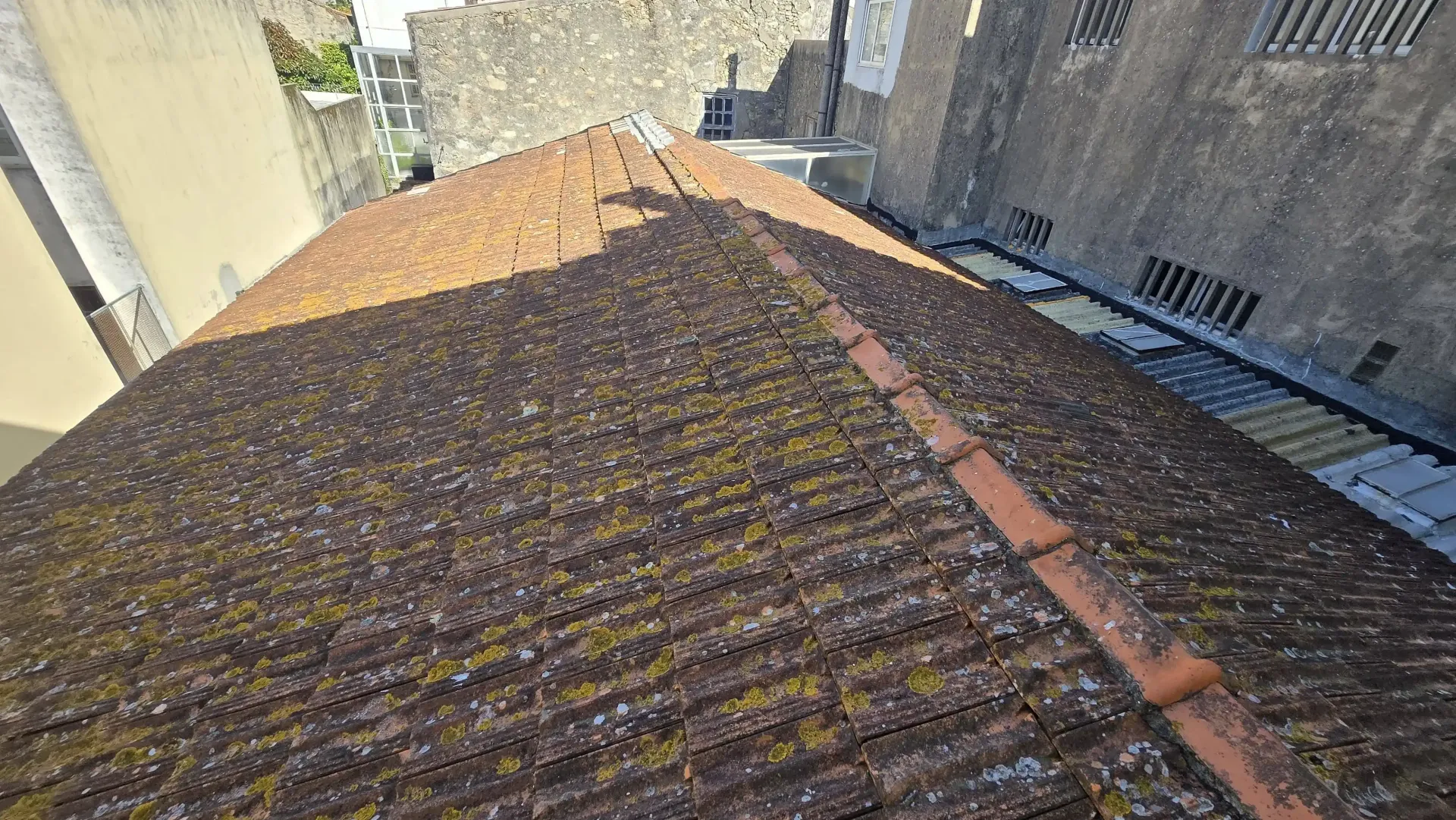 Telhado no Porto com acumulação de musgo, sujidade e desgaste antes da limpeza profissional.