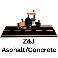 Orange and black asphalt roller on a section of paved road; "Z&J Asphalt/Concrete" text below.